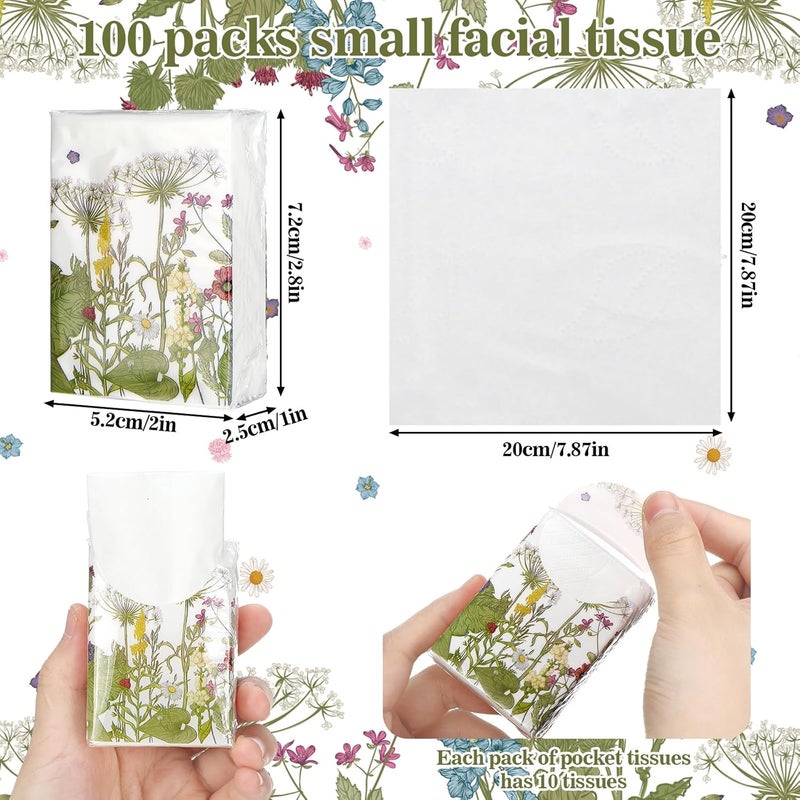 Fourluoo 100 Pack Pocket Tissues Individual Packs Bulk 3 Ply Mini Wallet Facial Tissues Travel Size for Spring Summer Wedding Party Supplies(Wildflower) - Image 3